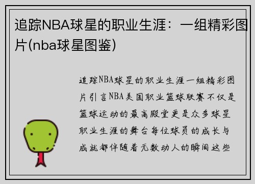 追踪NBA球星的职业生涯：一组精彩图片(nba球星图鉴)