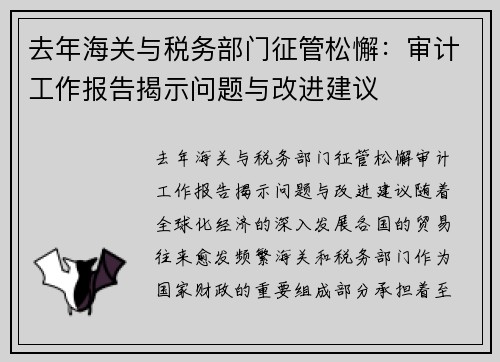 去年海关与税务部门征管松懈：审计工作报告揭示问题与改进建议