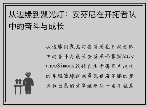 从边缘到聚光灯：安芬尼在开拓者队中的奋斗与成长